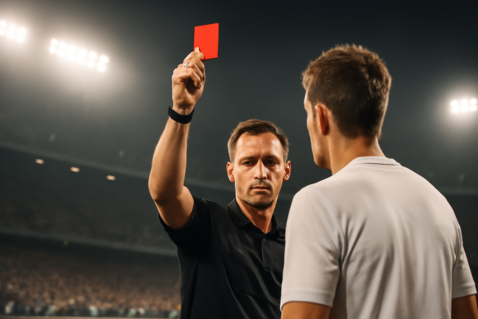 Soccer referee showing a red card to a player on a stadium pitch during a night match
