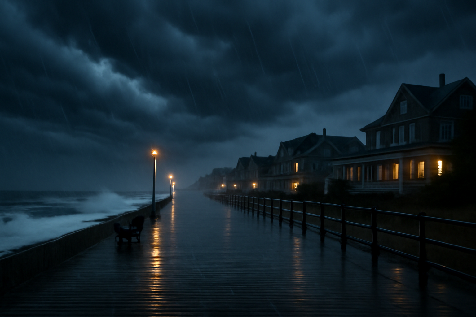 Dark storm clouds and rain moving over an East Coast shoreline with waves crashing near a boardwalk