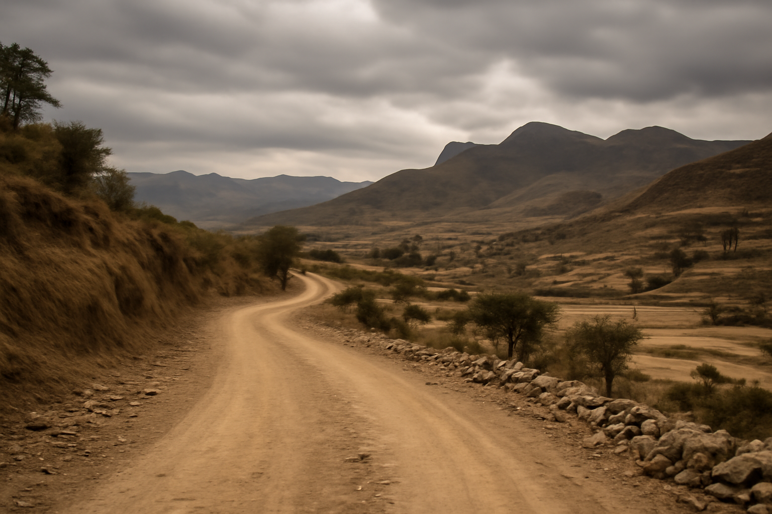 Empty rural road in northern Ethiopia's Tigray region under overcast sky