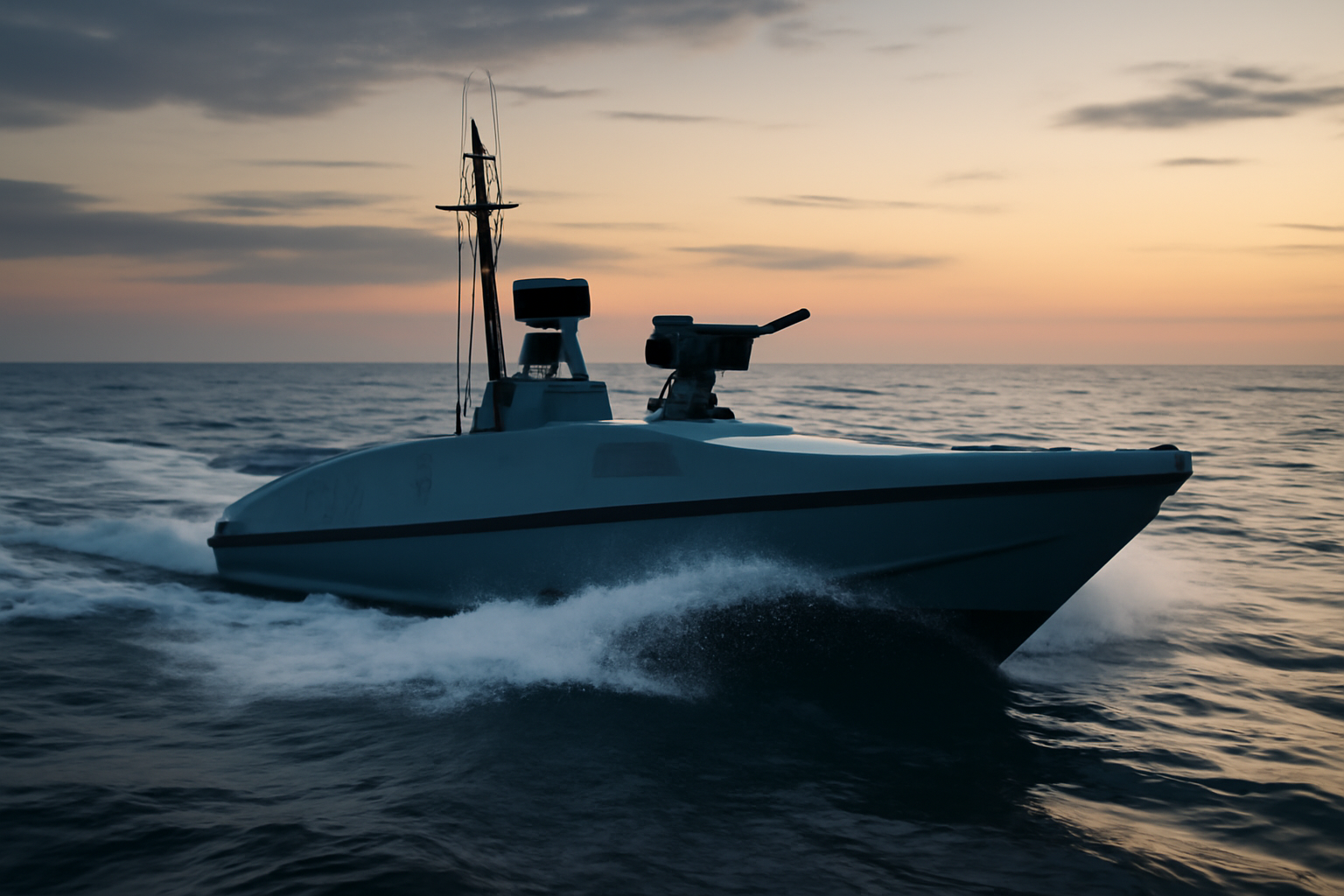 Small armed surface drone boat speeding across open Black Sea water at dusk