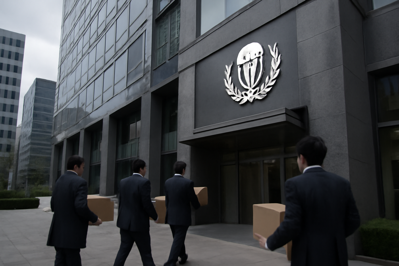 Exterior of a Japanese beer company office building with investigators entering