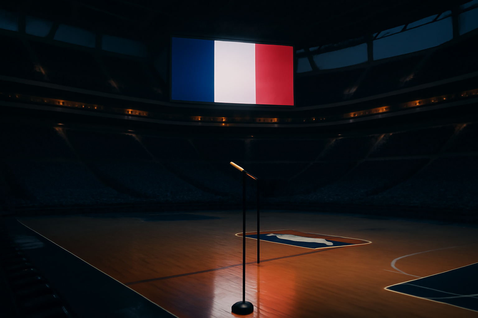 Basketball arena scoreboard with a French flag graphic beside a courtside microphone