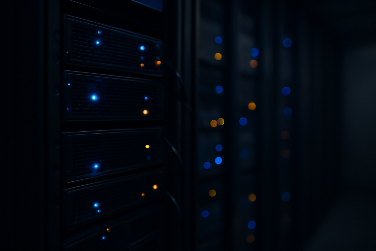 A server rack glowing with blue status lights inside a darkened data center