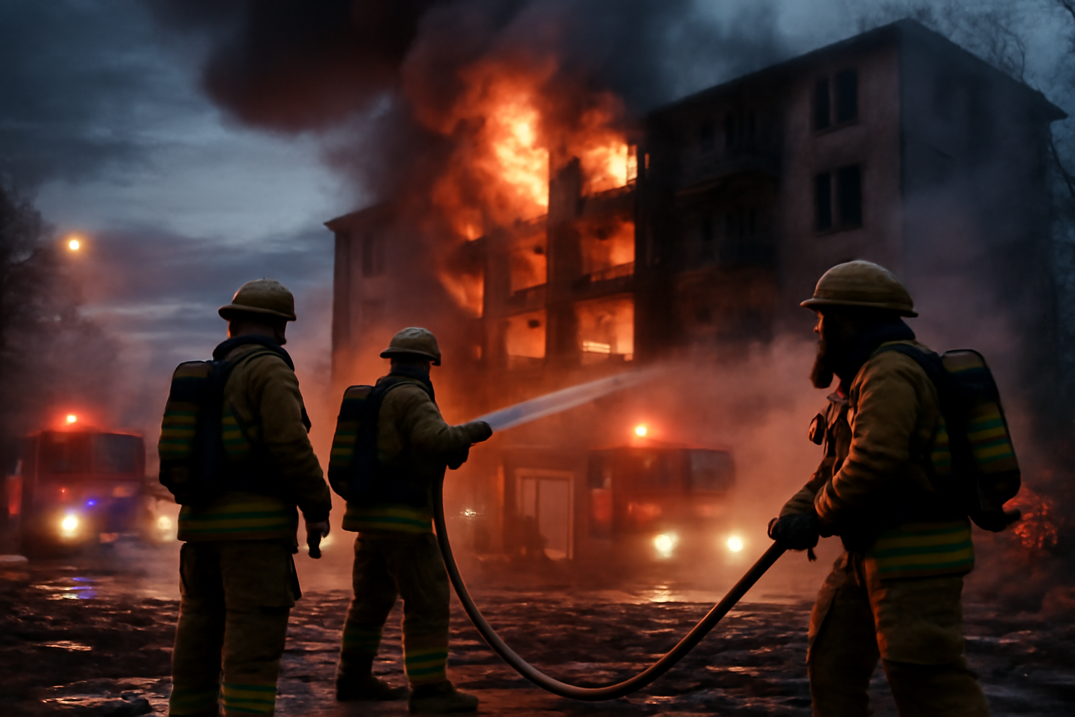 Firefighters spraying water on a damaged residential building after a missile strike in a Ukrainian city