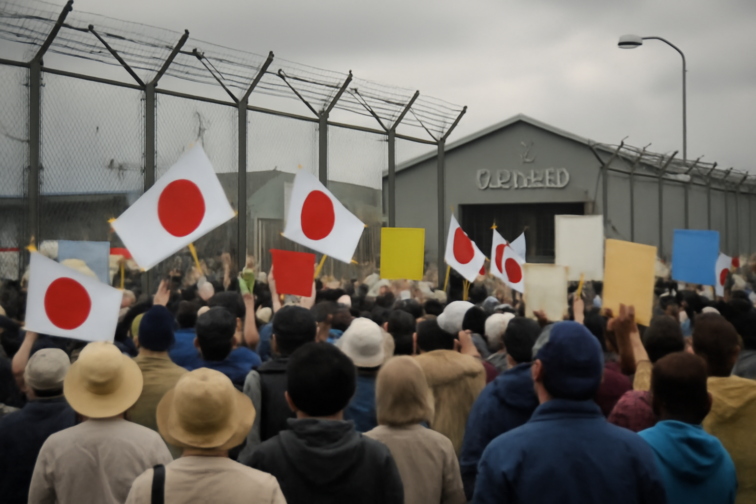 Protesters holding signs outside the gate of a U.S. military base in Japan under an overcast sky
