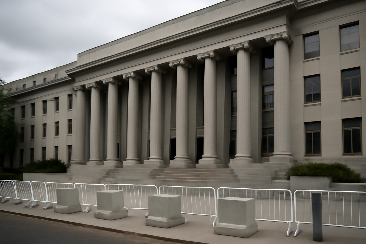 Exterior of a federal courthouse with security barriers in Washington, D.C.