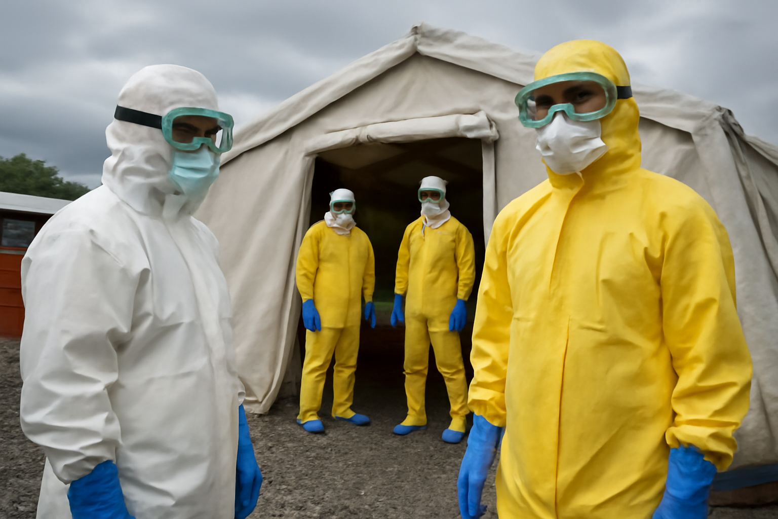 Health workers in full protective suits outside a medical isolation tent at an Ebola treatment center