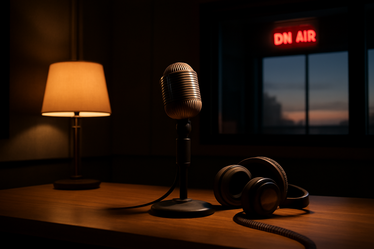 A vintage NPR studio microphone and headphones resting on a wooden broadcast desk