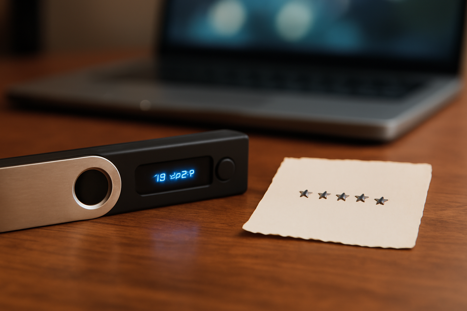 A hardware cryptocurrency wallet and a handwritten password note sit next to a laptop displaying a blockchain ledger