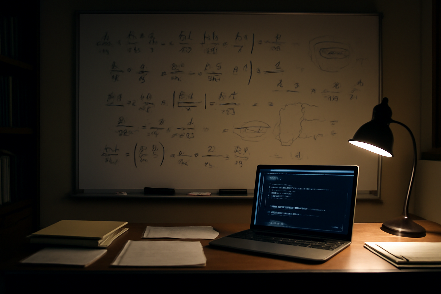 A mathematician's handwritten equations on a whiteboard beside a laptop running a coding agent interface