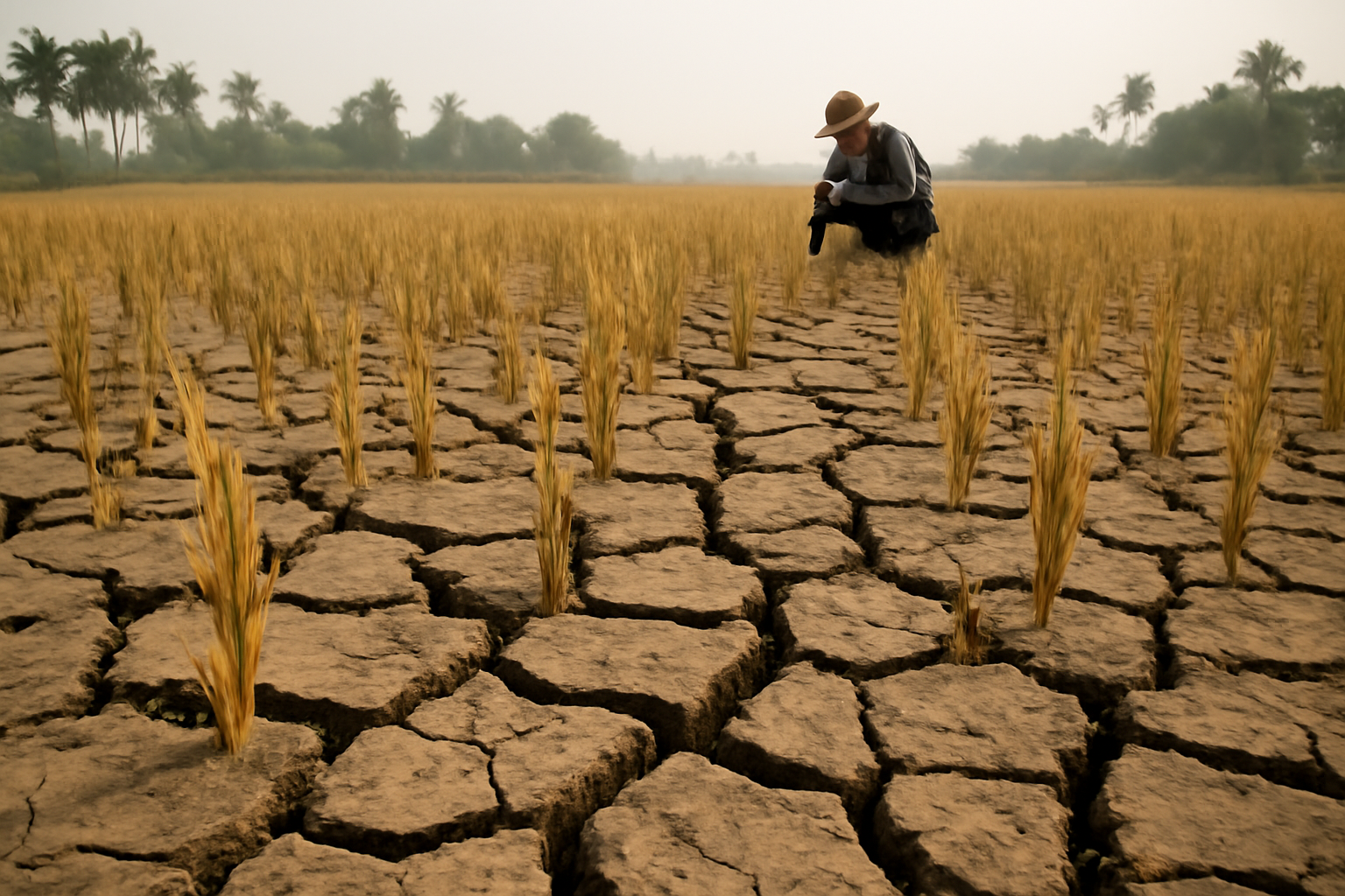 Dried, cracked rice paddy field under a hazy sky in a tropical farming region