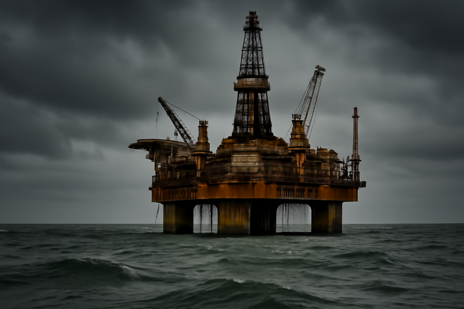 Offshore oil platform in the Gulf of Mexico under a darkening storm sky