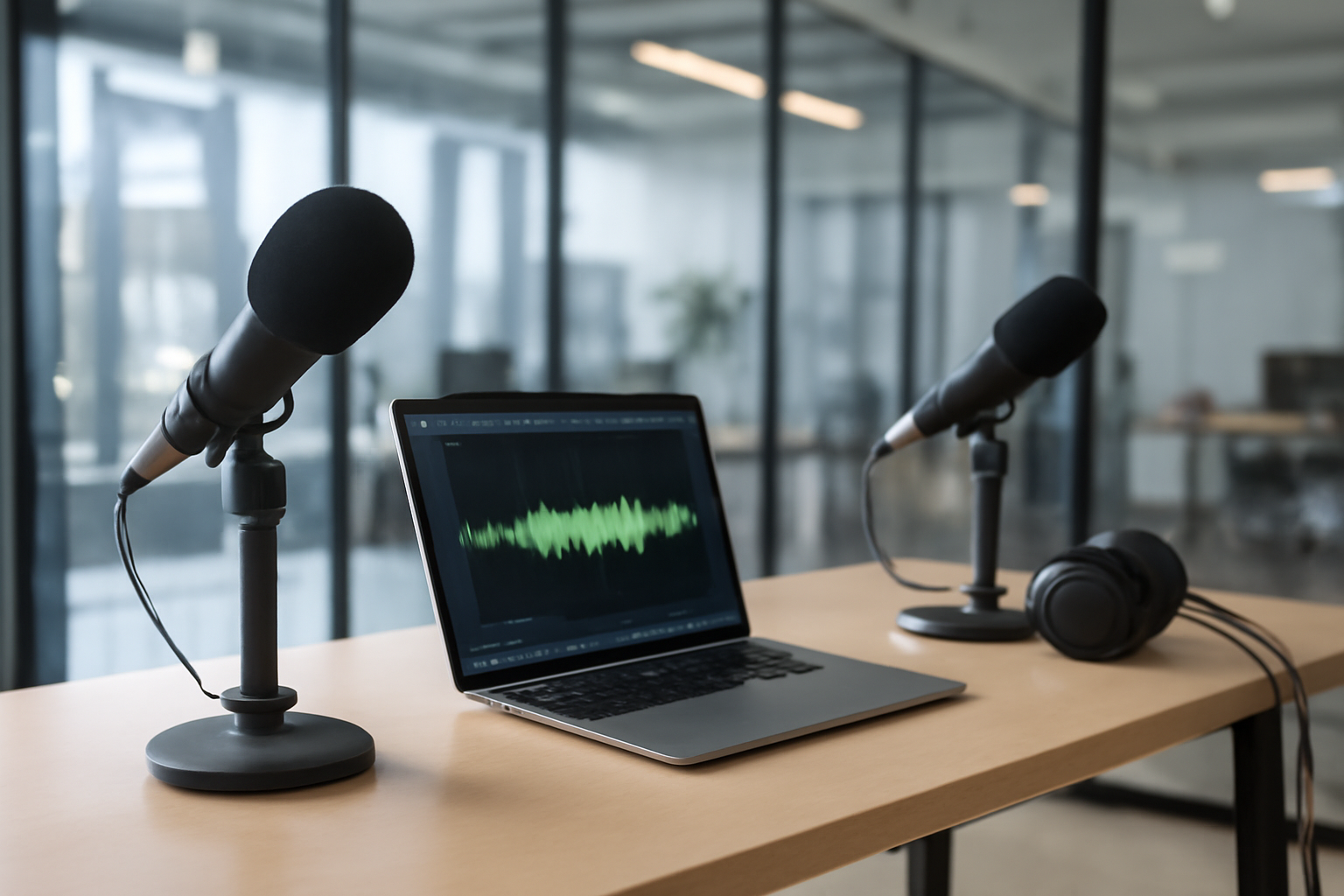 A laptop screen displaying a podcast recording interface in a modern tech office setting