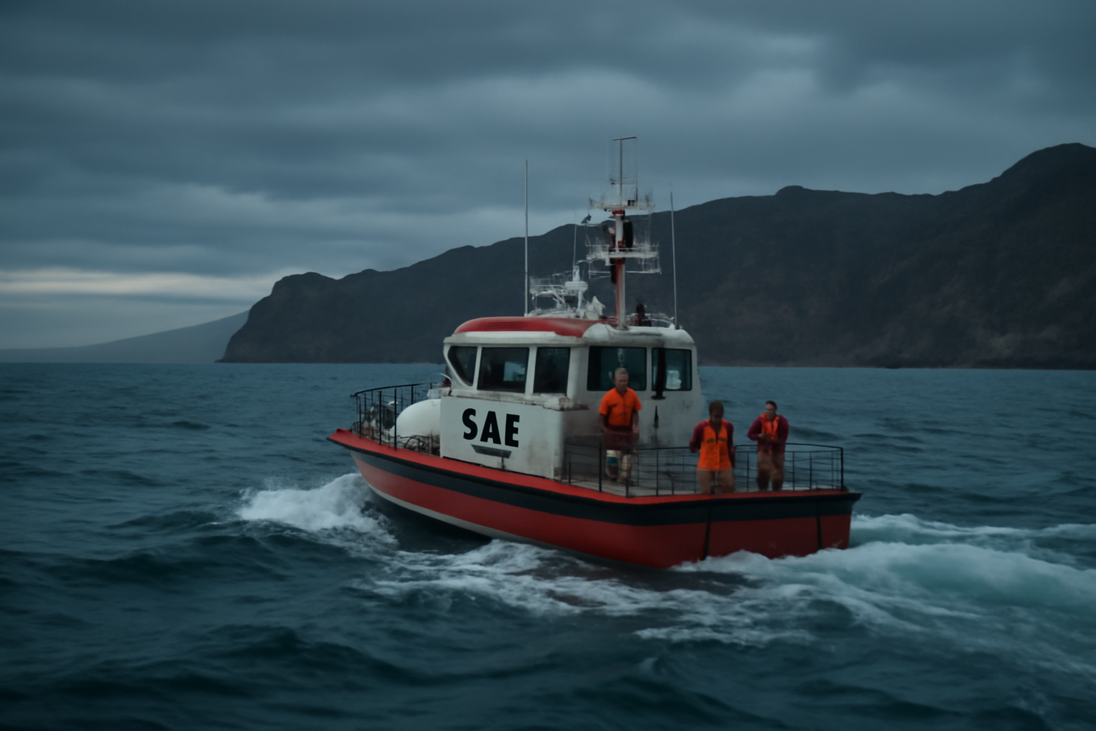 Coast guard vessel searching open water off a rocky Baja California coastline