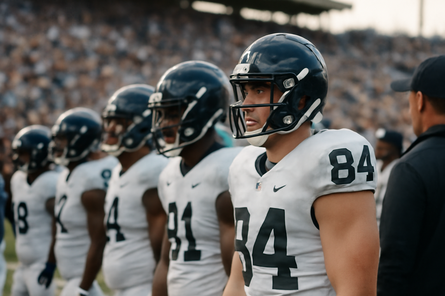 College football players on a sideline during a Saturday afternoon game under stadium lights
