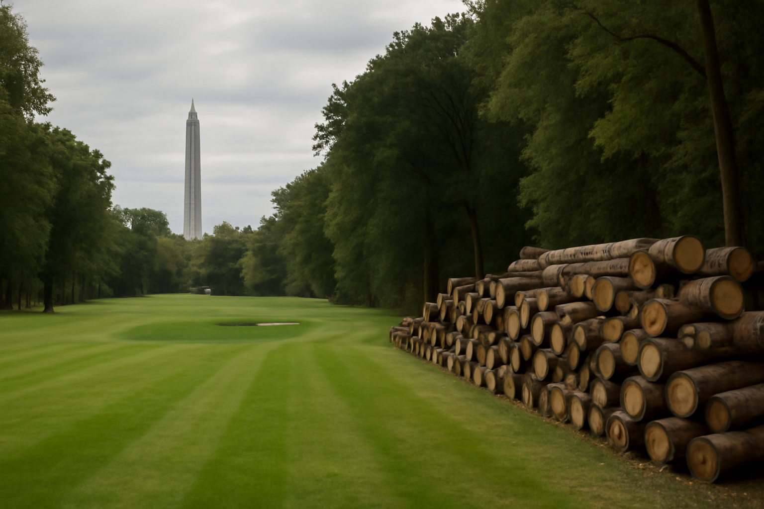 Felled tree logs stacked beside a golf course fairway near the Potomac River in Washington, D.C.