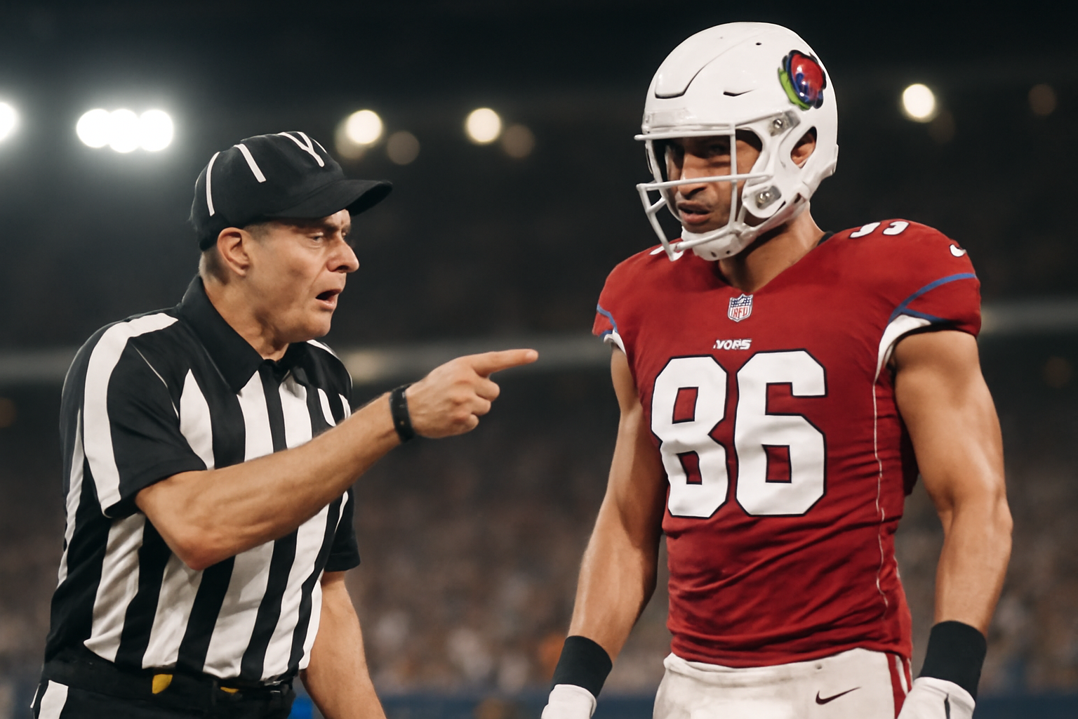NFL line judge gesturing toward Arizona Cardinals tight end Trey McBride during a stadium sideline exchange.