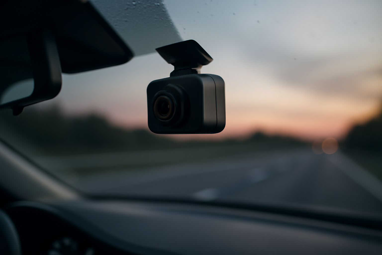 Aftermarket driver-assist device mounted near a car's rearview mirror on a highway at dusk