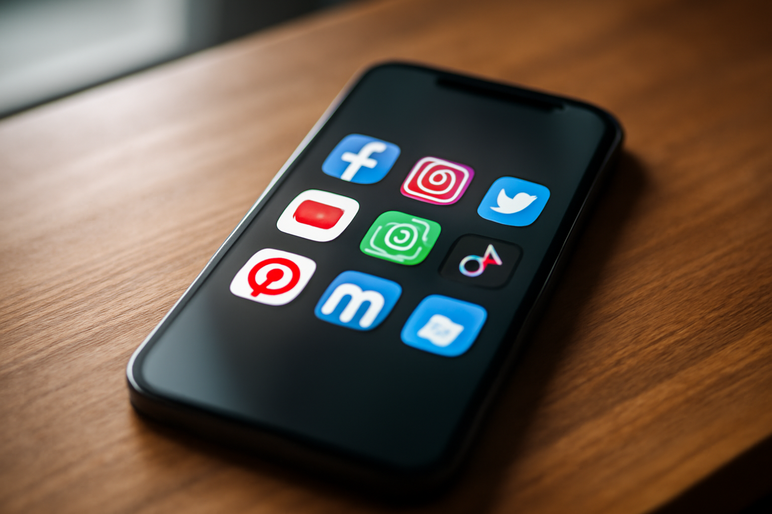 A smartphone screen showing social media app icons next to a cup of coffee on a desk