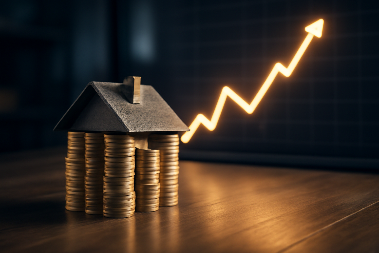A house-shaped stack of coins next to a rising stock market chart line on a wooden desk