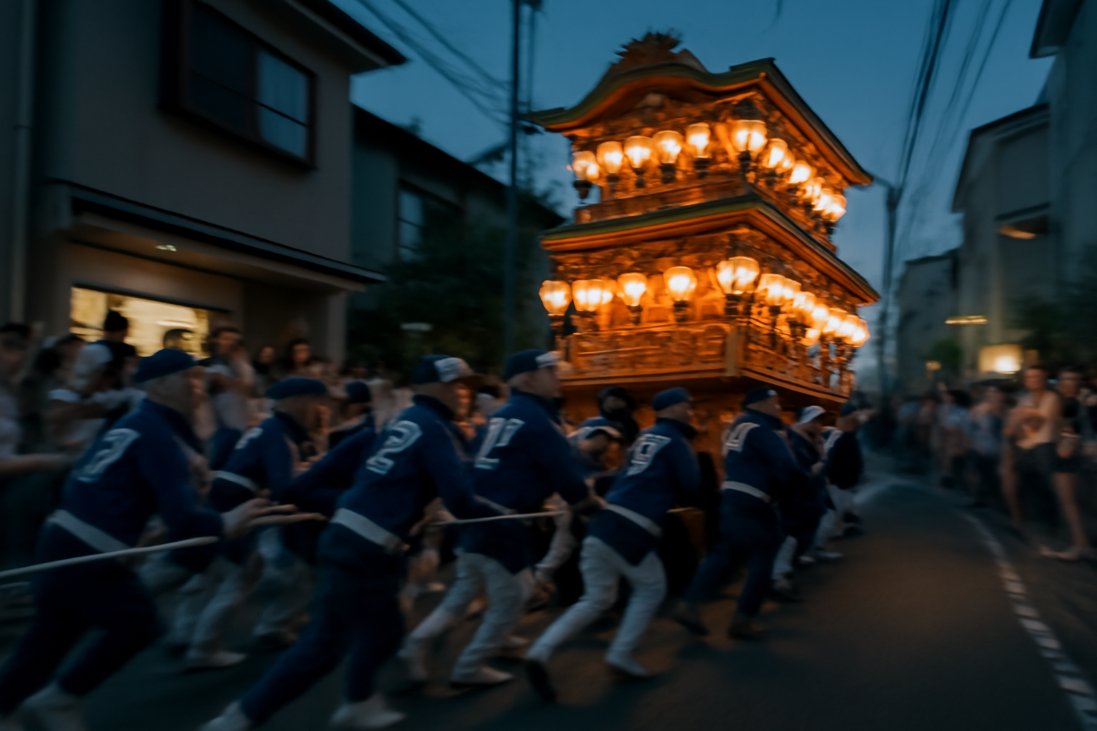 Men in traditional happi coats pulling a large wooden festival float around a street corner in Japan
