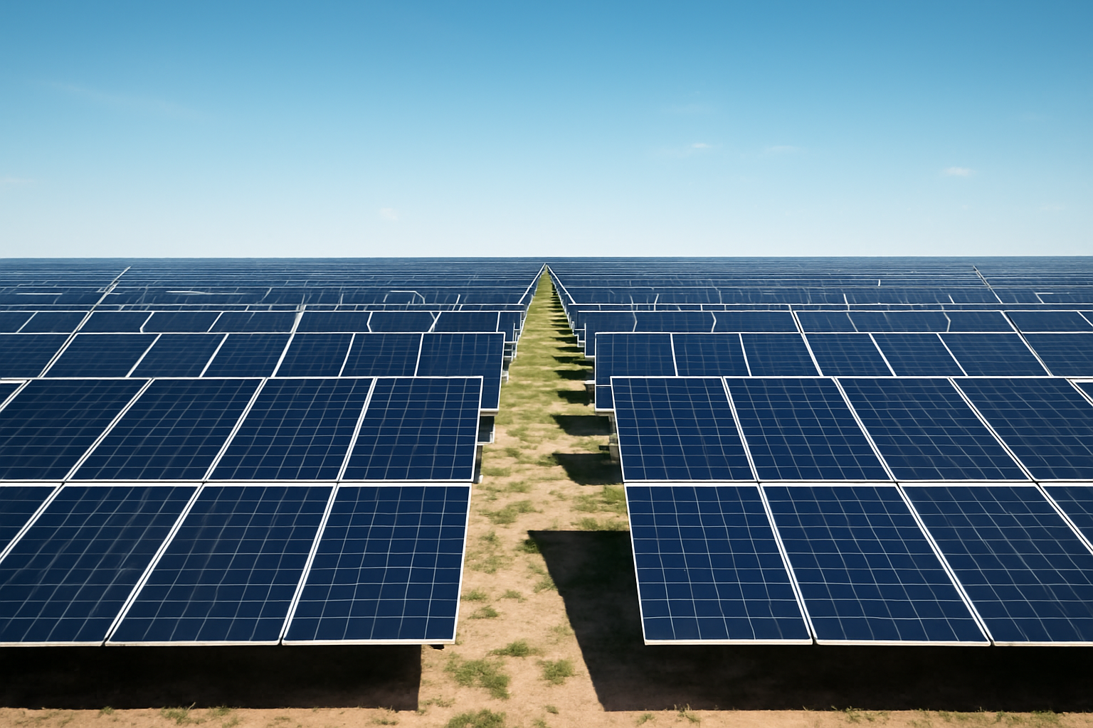 Rows of solar panels stretching across an open field under a bright midday sky