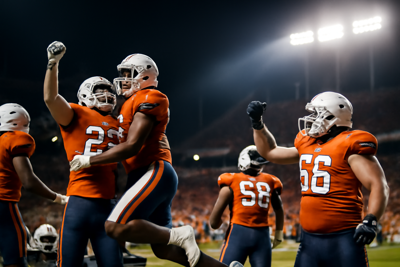Florida Gators players celebrating on the sideline during a night football game