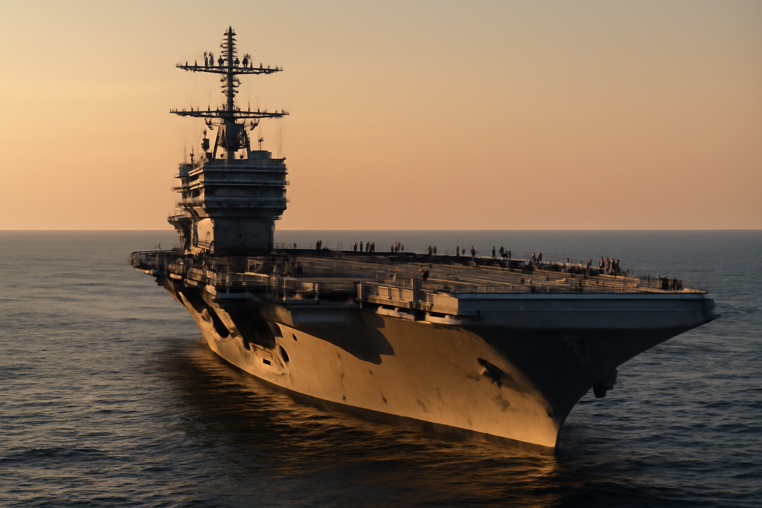 Aircraft carrier underway in open water at sunset with sailors visible on deck