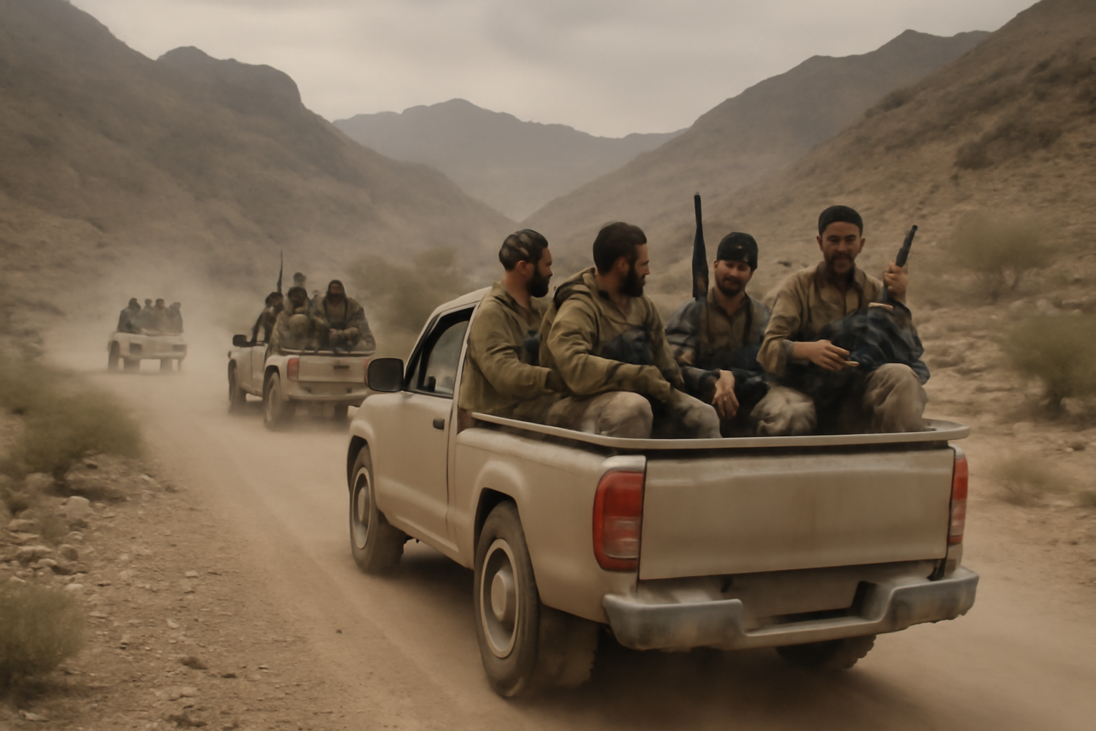 Yemeni government soldiers riding in a pickup truck on a dirt road near Taiz during fighting with Houthi forces