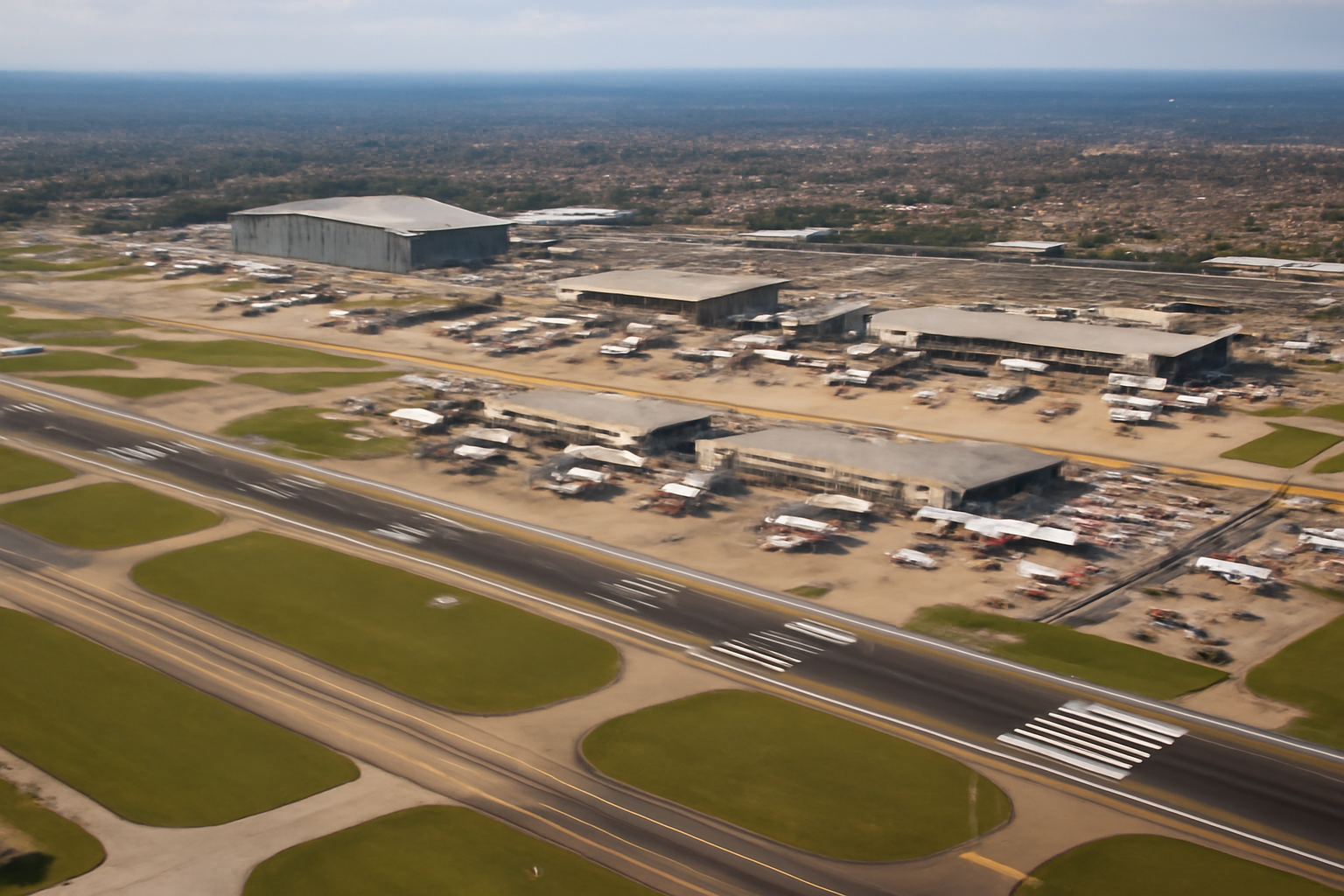 Aerial view of Heathrow Airport runways and terminal buildings with aircraft on the tarmac