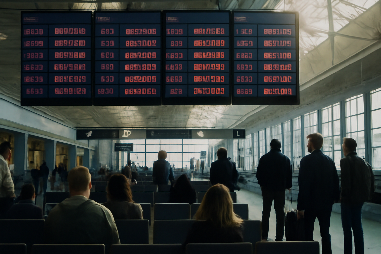 Departure boards showing delayed flights inside a terminal at Newark Liberty International Airport