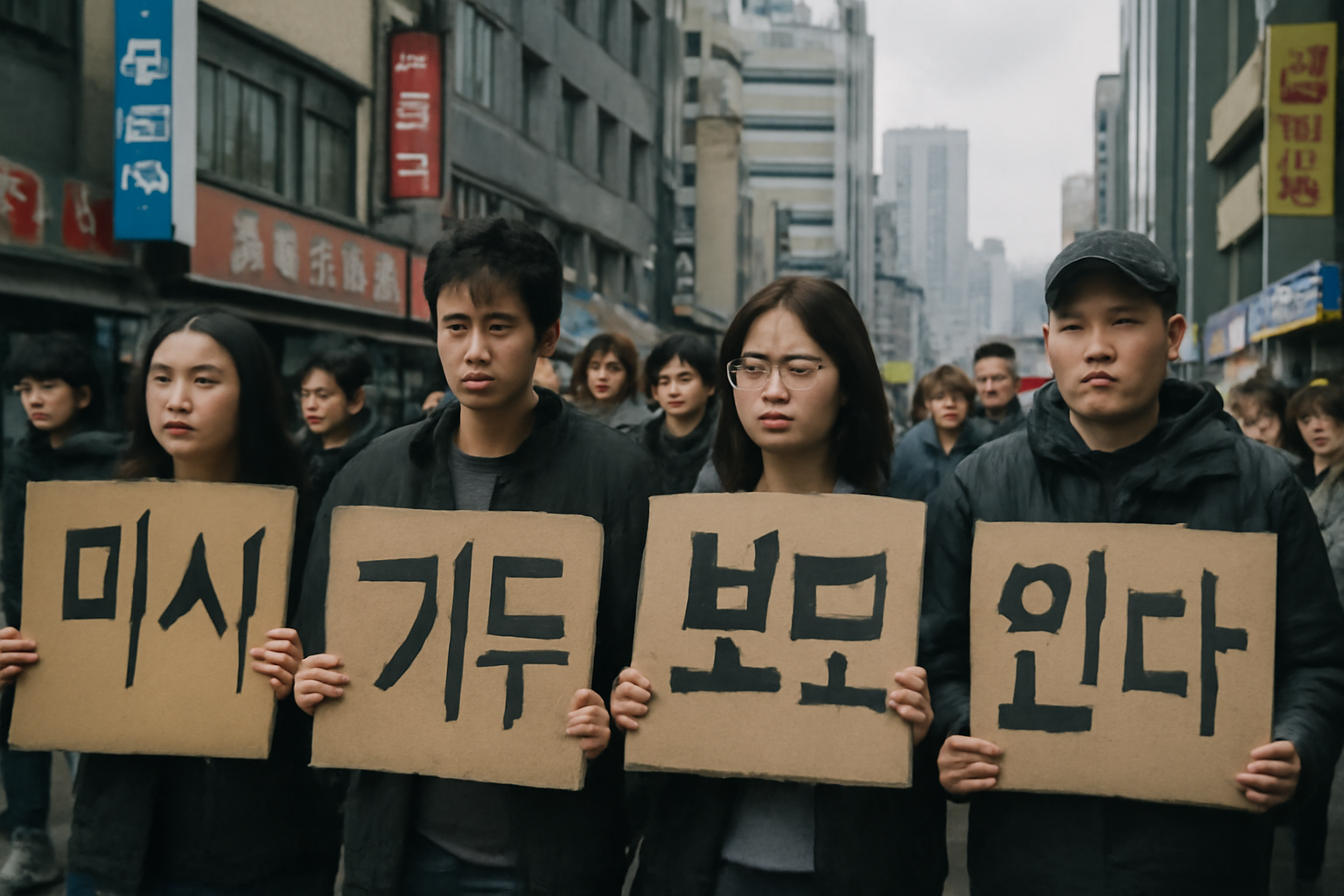 Protesters holding signs at a rally in Seoul against sending South Korean troops to the Strait of Hormuz