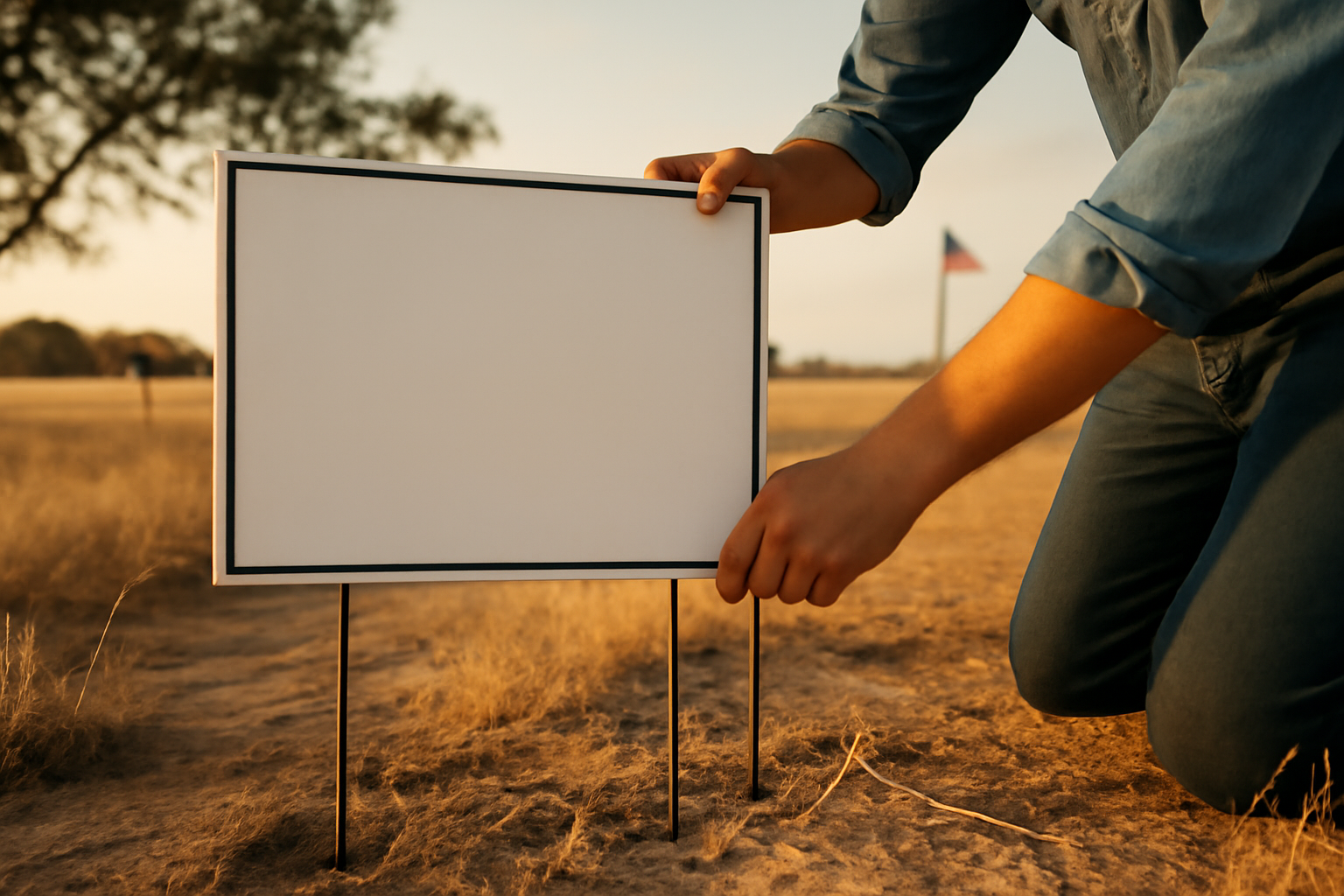 A hand placing a campaign yard sign into dry Texas soil under a bright afternoon sky