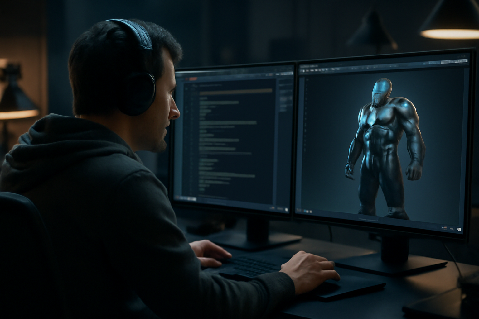 Developer at a workstation reviewing AI-generated game code and concept art on dual monitors