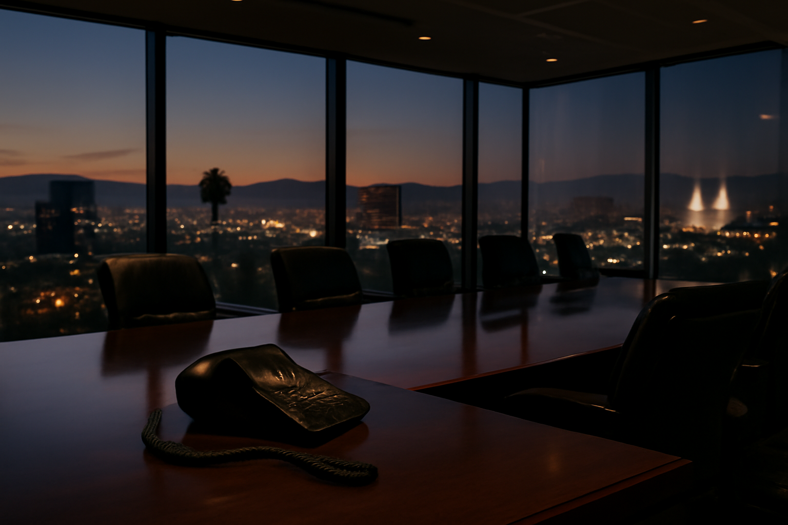 A talent agency conference room with a phone off the hook on a desk and a Hollywood studio lot visible through the window at dusk