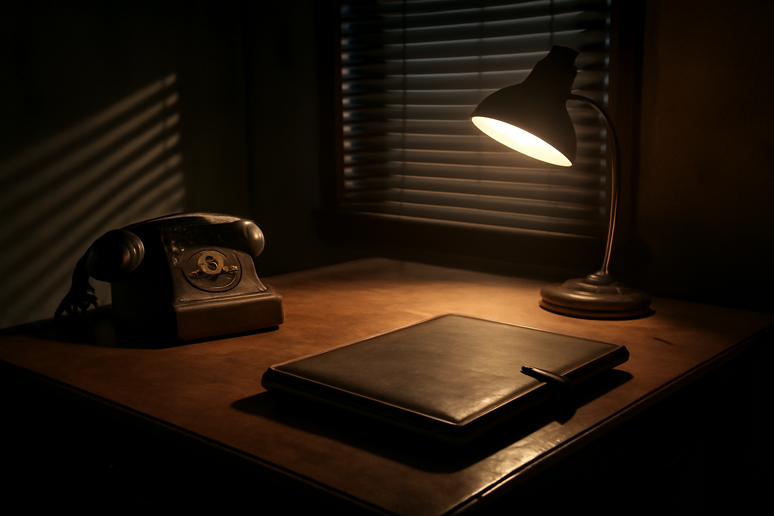 A dimly lit London office with a rotary phone and a worn leather dossier on a wooden desk, evoking Cold War-era intelligence work
