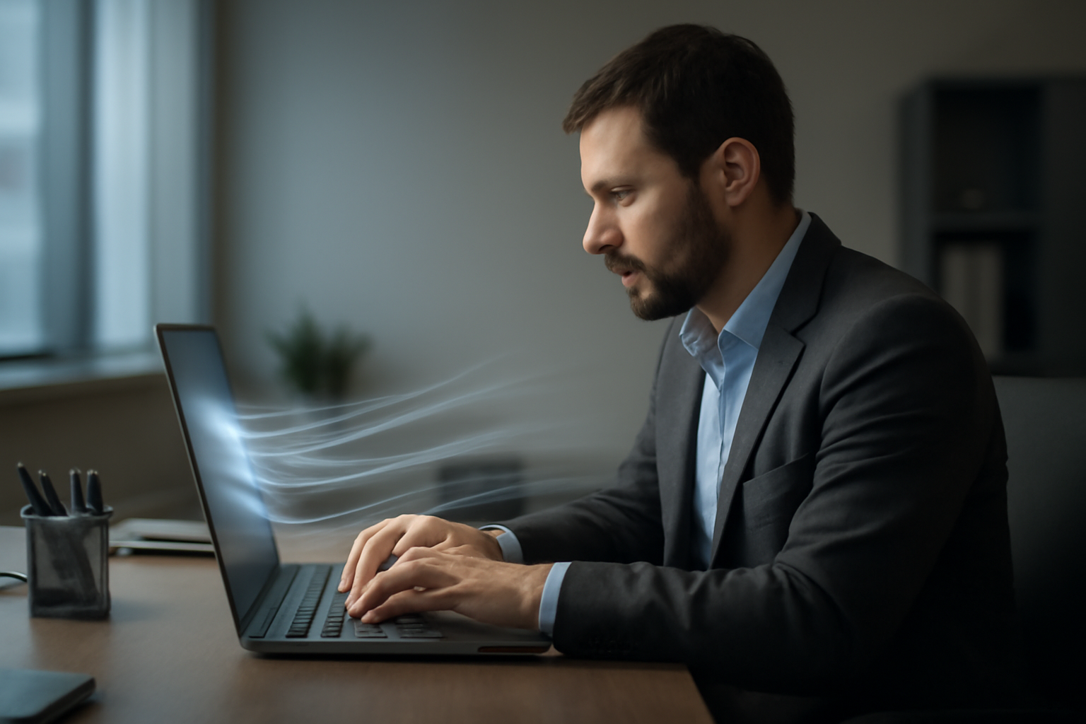 Office worker typing an email on a laptop with faint digital data lines flowing from the screen