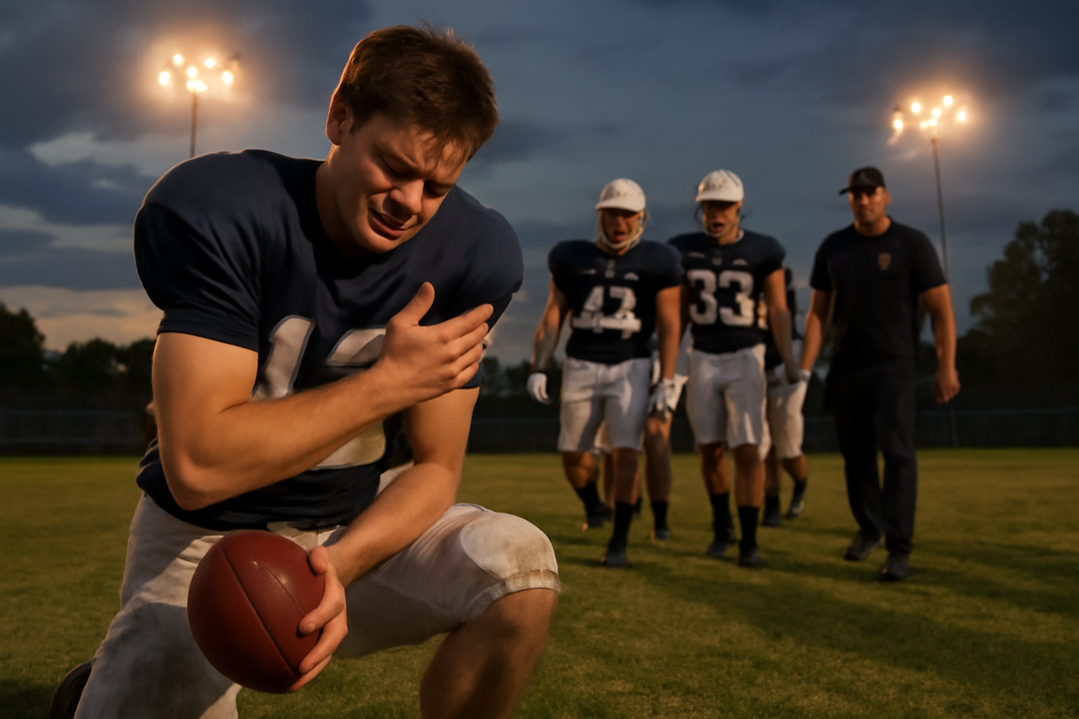 High school quarterback in uniform grimacing while holding his shoulder on the football field
