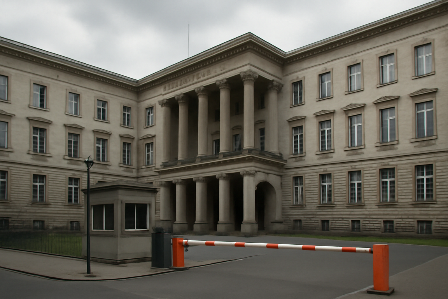 German government building with a security checkpoint under an overcast Berlin sky