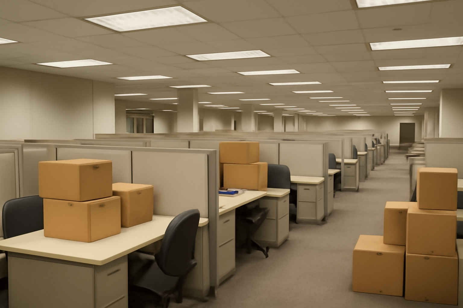 Empty federal office cubicles with moving boxes stacked beside a government building hallway