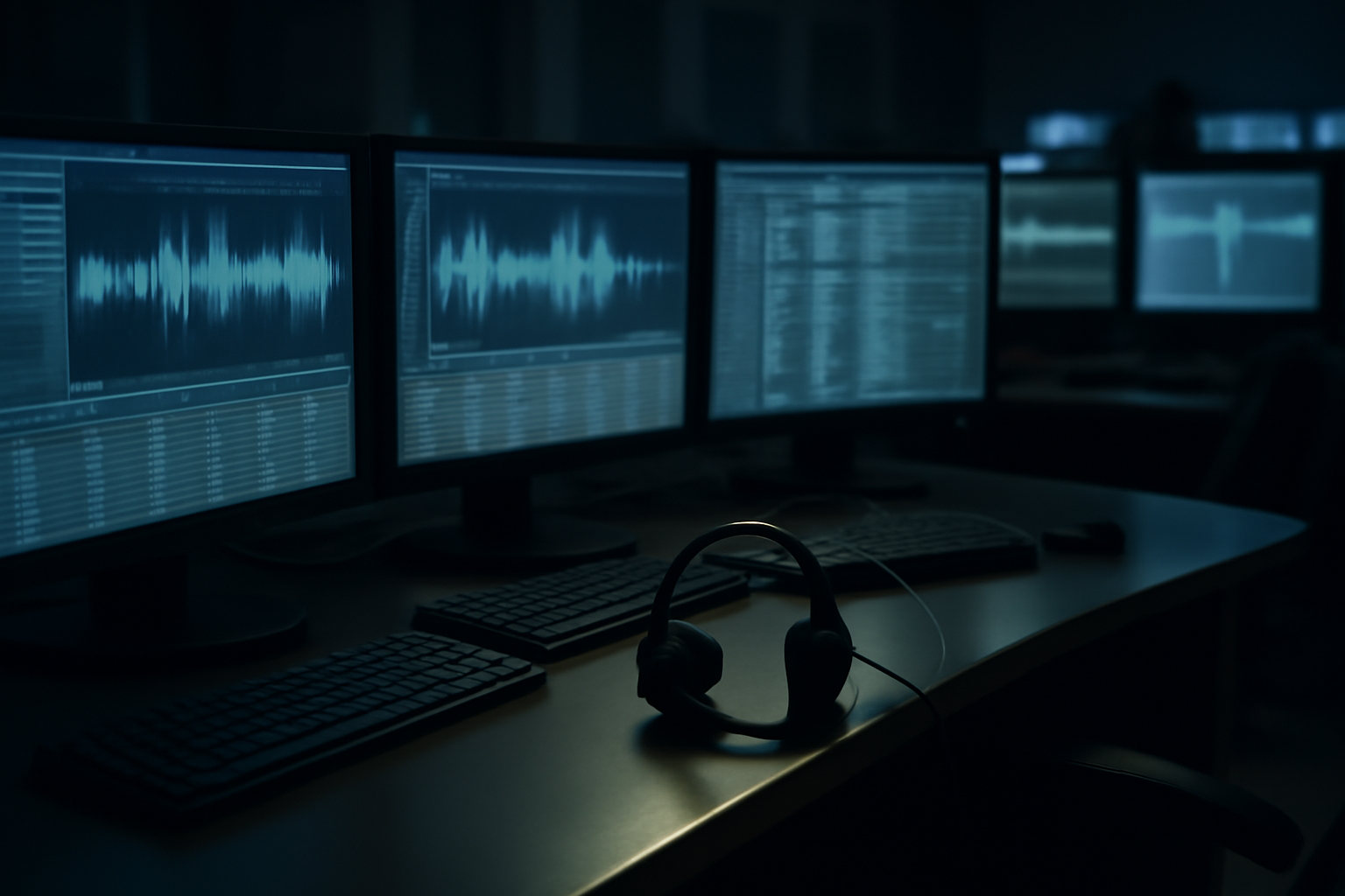 Emergency dispatch radio equipment and call logs on a desk inside a 911 communications center