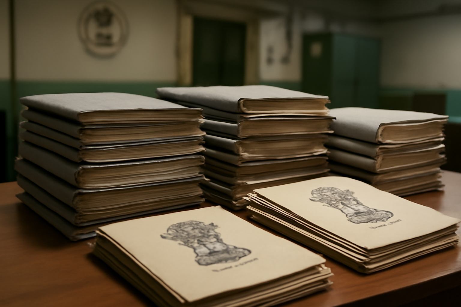 Rows of printed voter registration documents and official seals on a government office desk in India