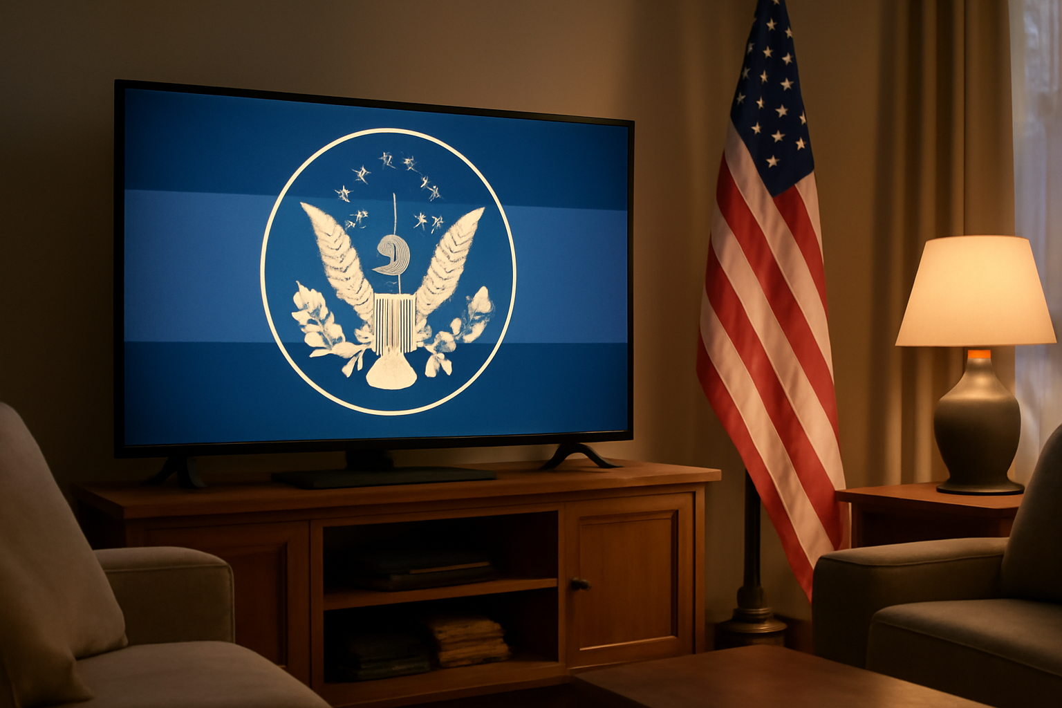 Television screen displaying a government-produced advertisement in a suburban living room