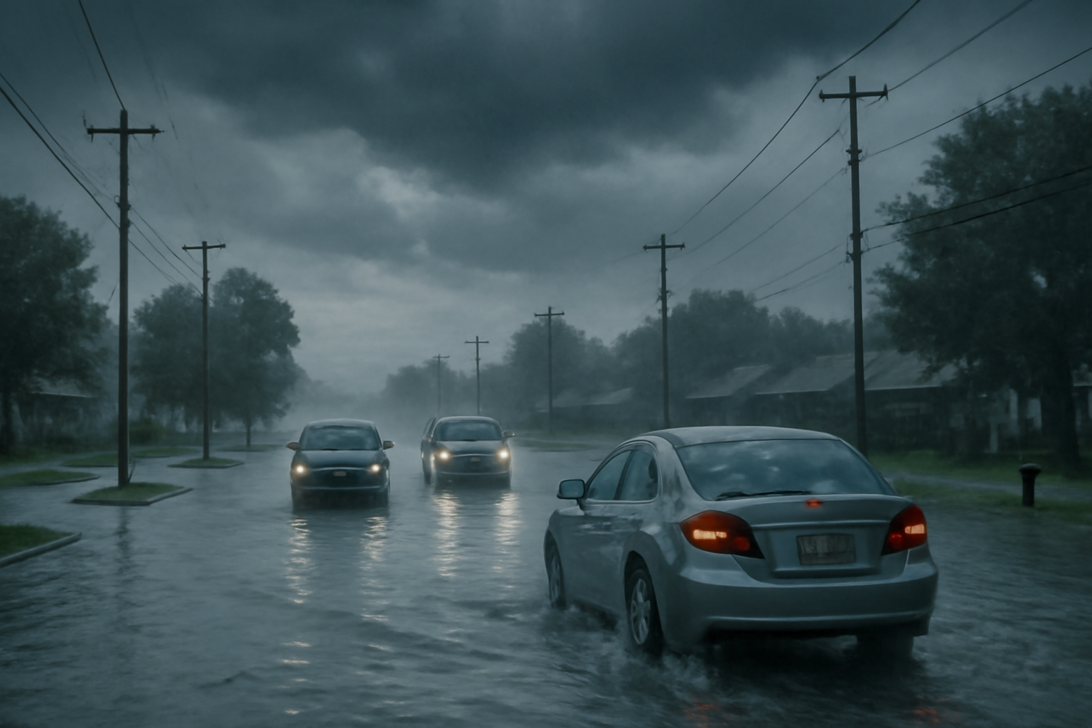 Flooded roadway with rain falling heavily as cars navigate standing water
