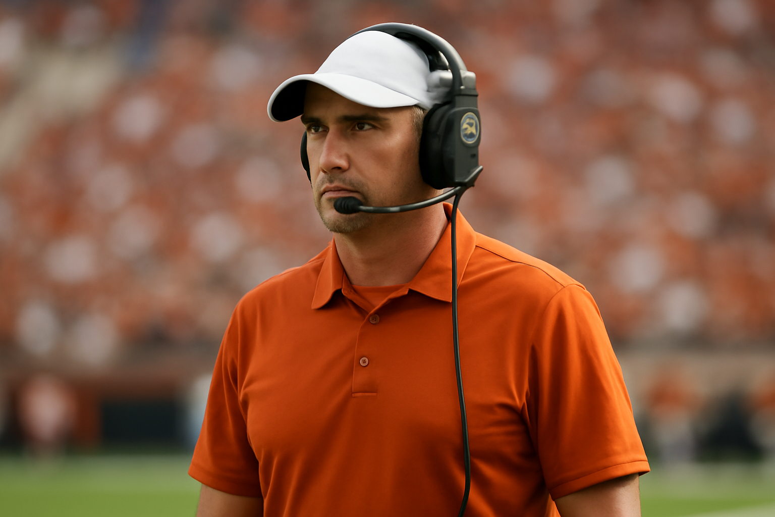 Texas Longhorns head coach on the sideline during a 2026 college football game, looking toward the field