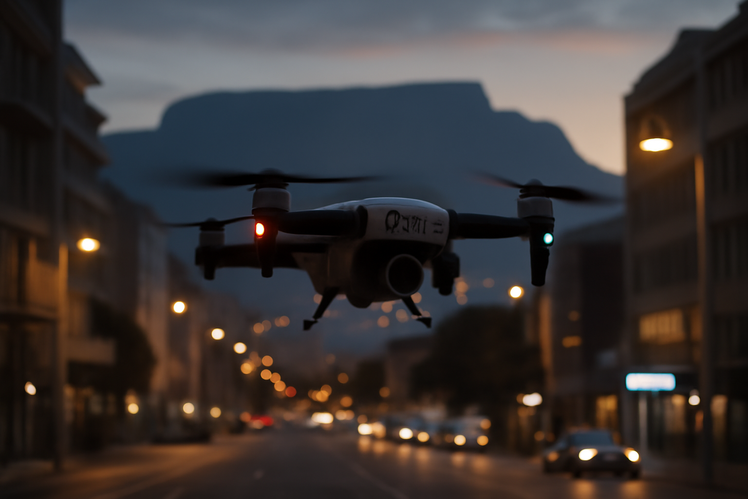 A police drone hovers above a Cape Town street at dusk with city buildings in the background