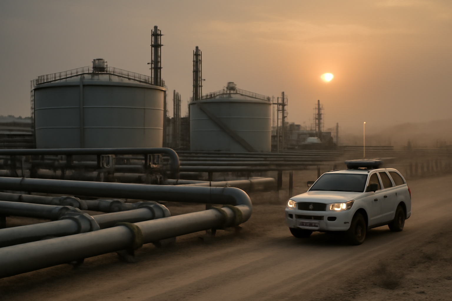 Oil storage tanks and pipeline infrastructure at a desert extraction facility under a hazy sky