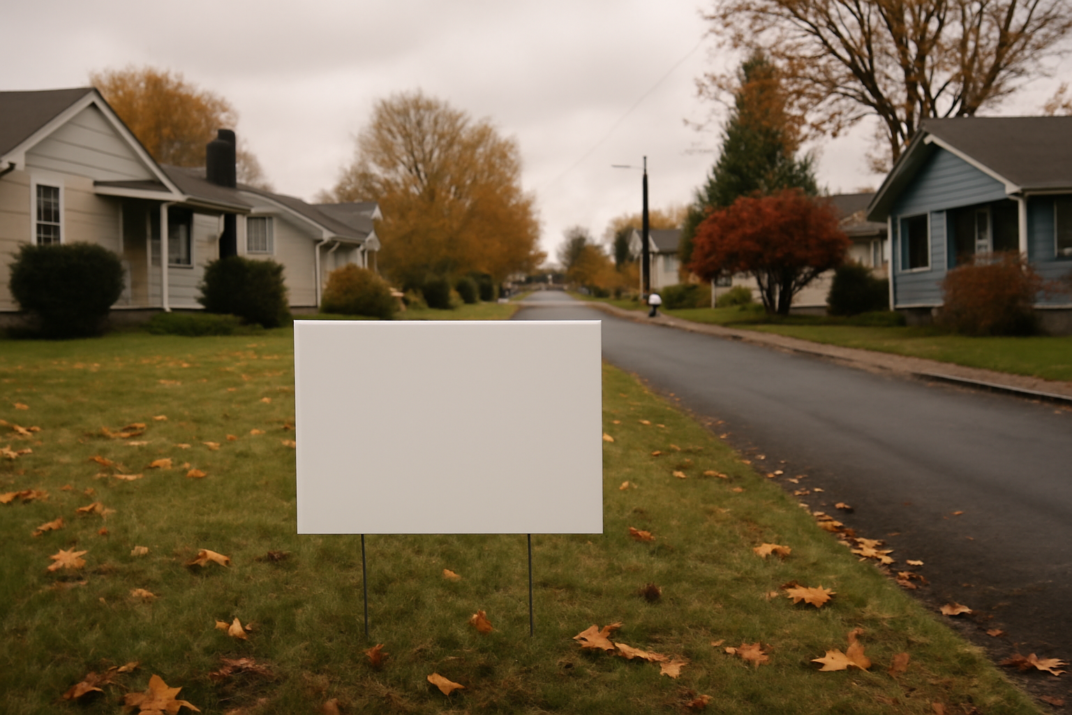 A campaign yard sign stands along a quiet residential street in Washington state