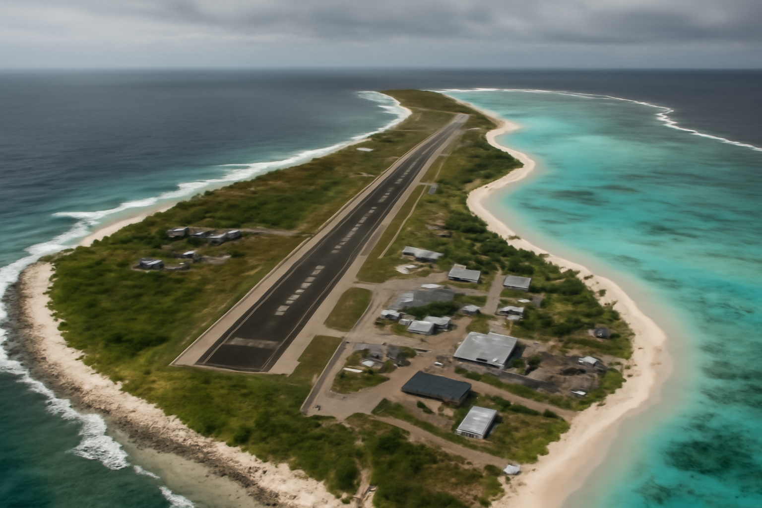 Aerial view of a military airstrip and lagoon on Diego Garcia in the Chagos Archipelago