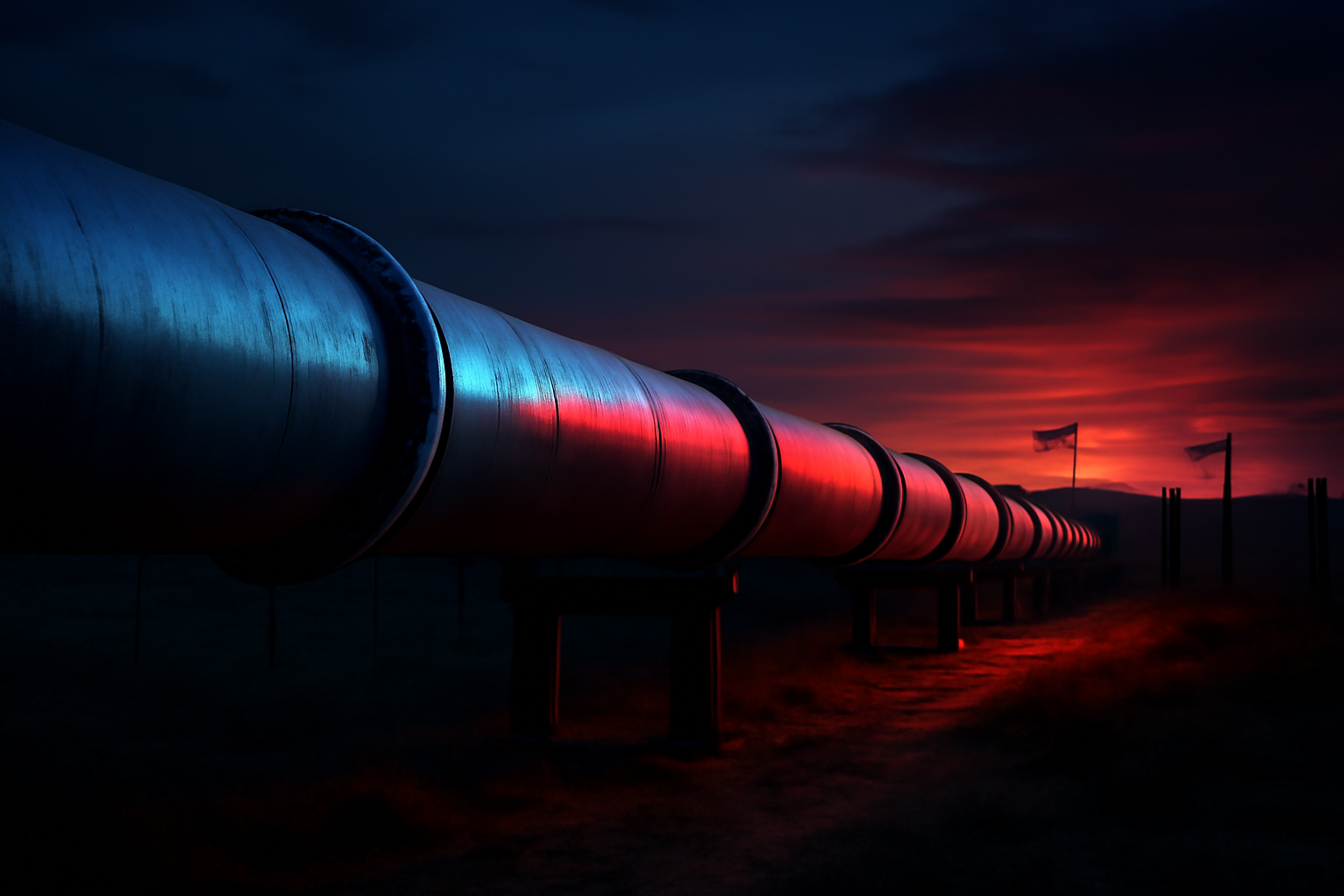 Ukrainian and Russian flags with an oil pipeline silhouette against a tense sky